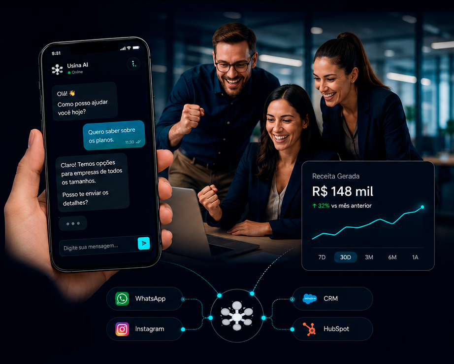 Usina.AI em ação: agentes de IA conversando com clientes via WhatsApp e Instagram, conectados ao CRM